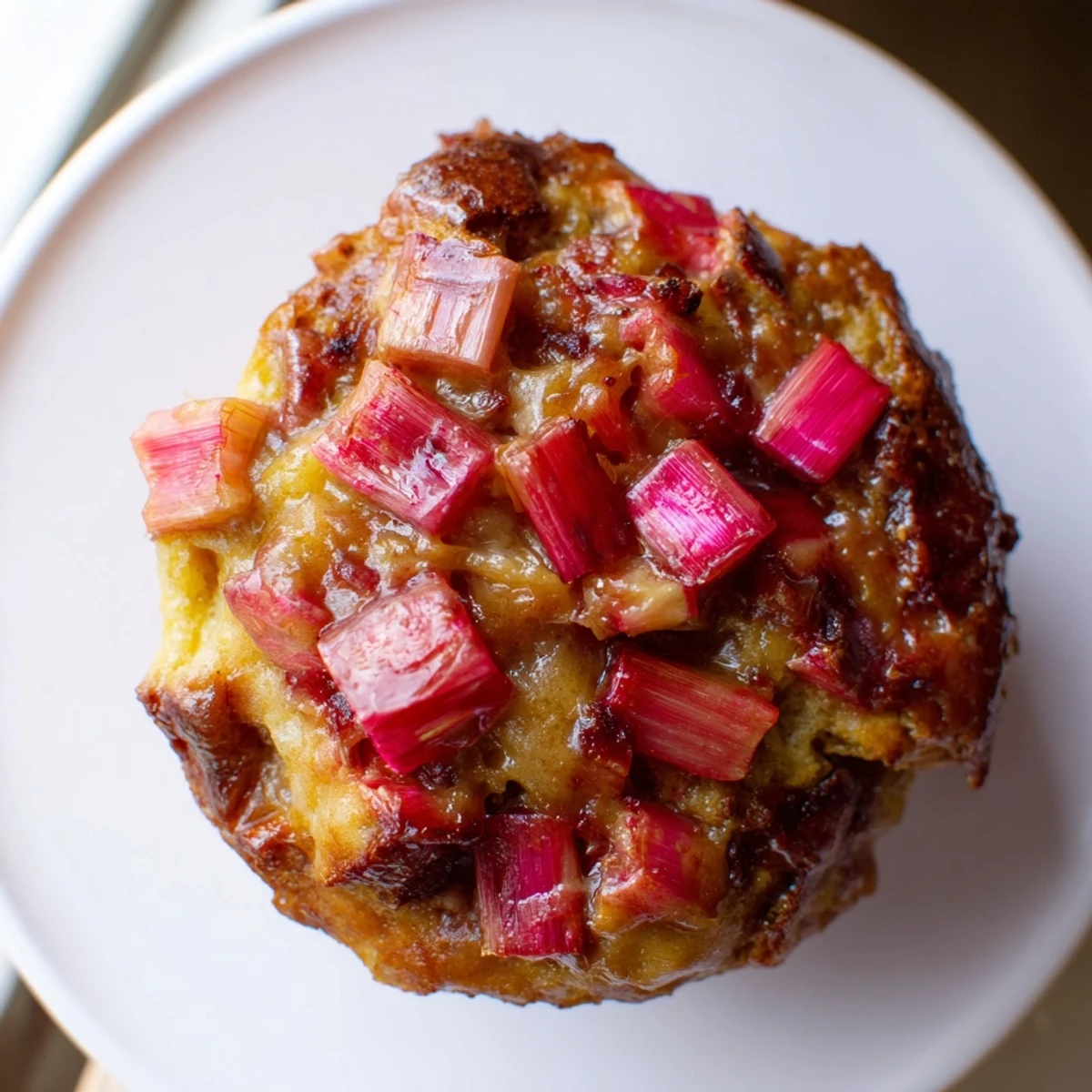 Moist upside down rhubarb muffins flipped to reveal glistening sweet-tart ruby rhubarb topping