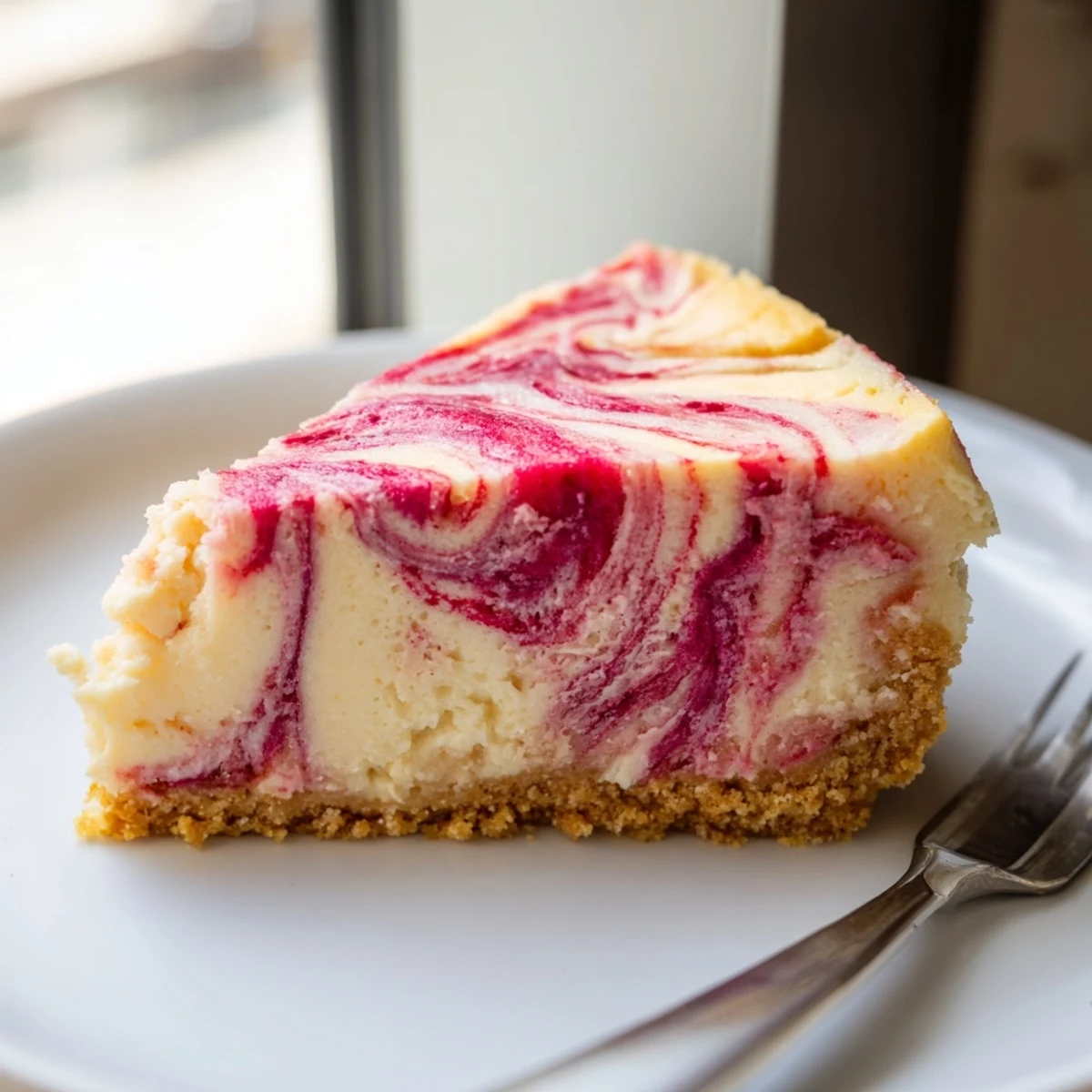 Creamy keto rhubarb cheesecake sliced to reveal a vibrant pink swirl