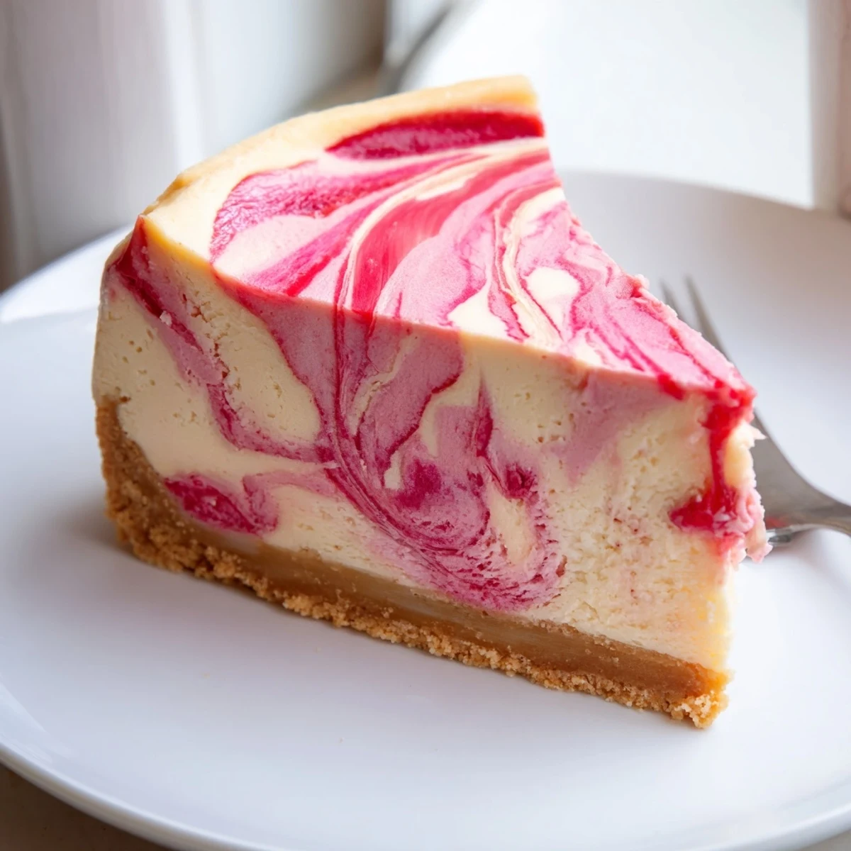 Golden almond flour crust cradles a silky keto rhubarb cheesecake with tangy ribbons