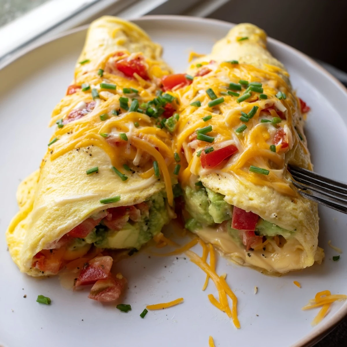 Creamy avocado cheesy tomato omelette served on a white plate with garnished chives