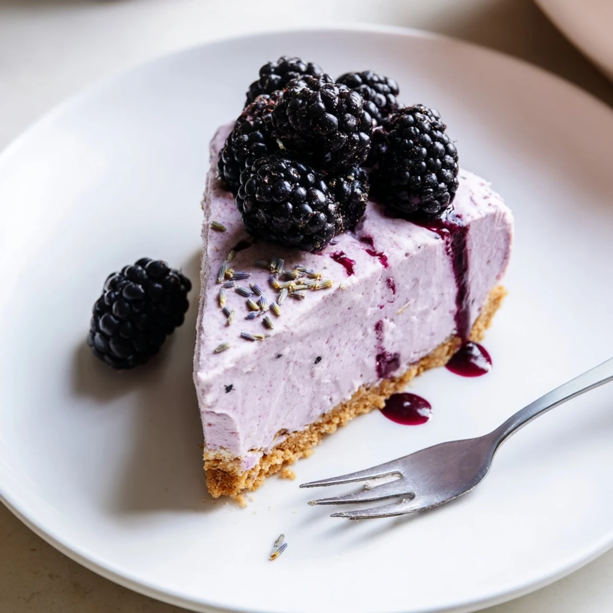 Velvety purple no bake mini blackberry lavender cheesecakes topped with fresh ripe berries