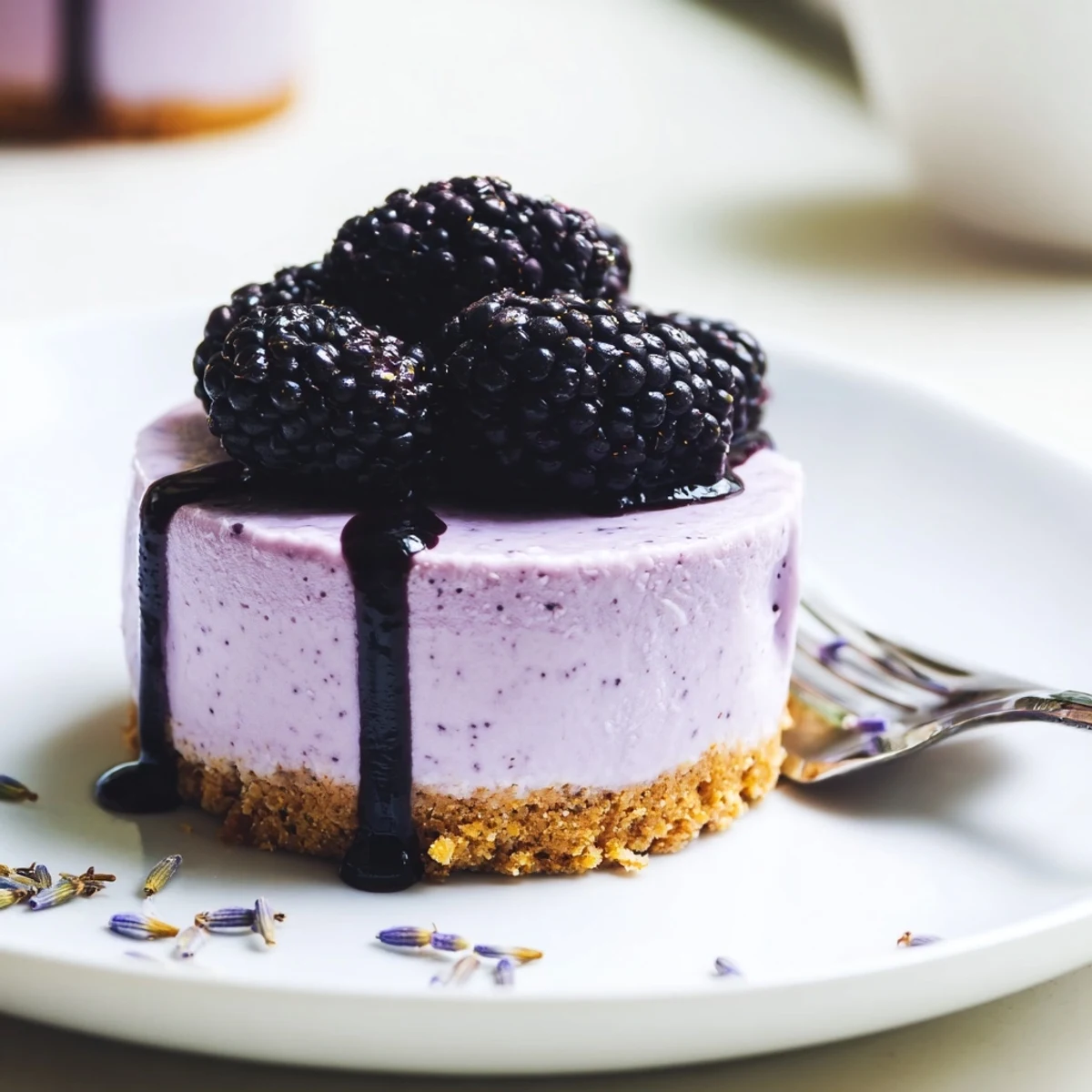 Creamy no bake mini blackberry lavender cheesecakes with a golden graham cracker crust