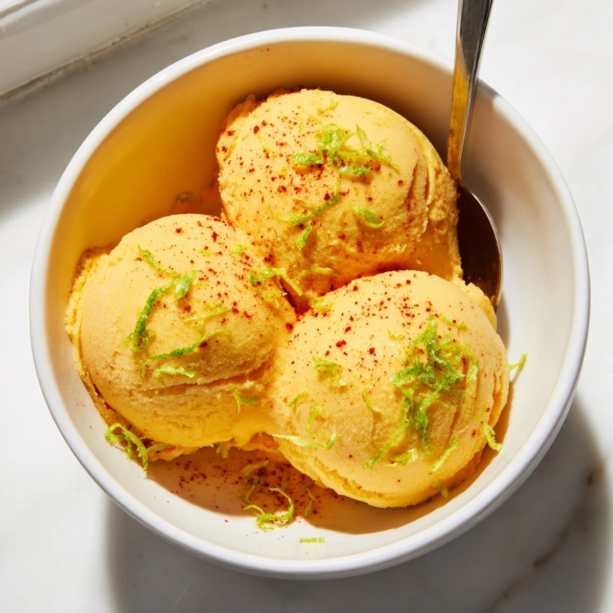 Creamy chili lime mango sorbet scooped into golden bowls with fresh lime wedges