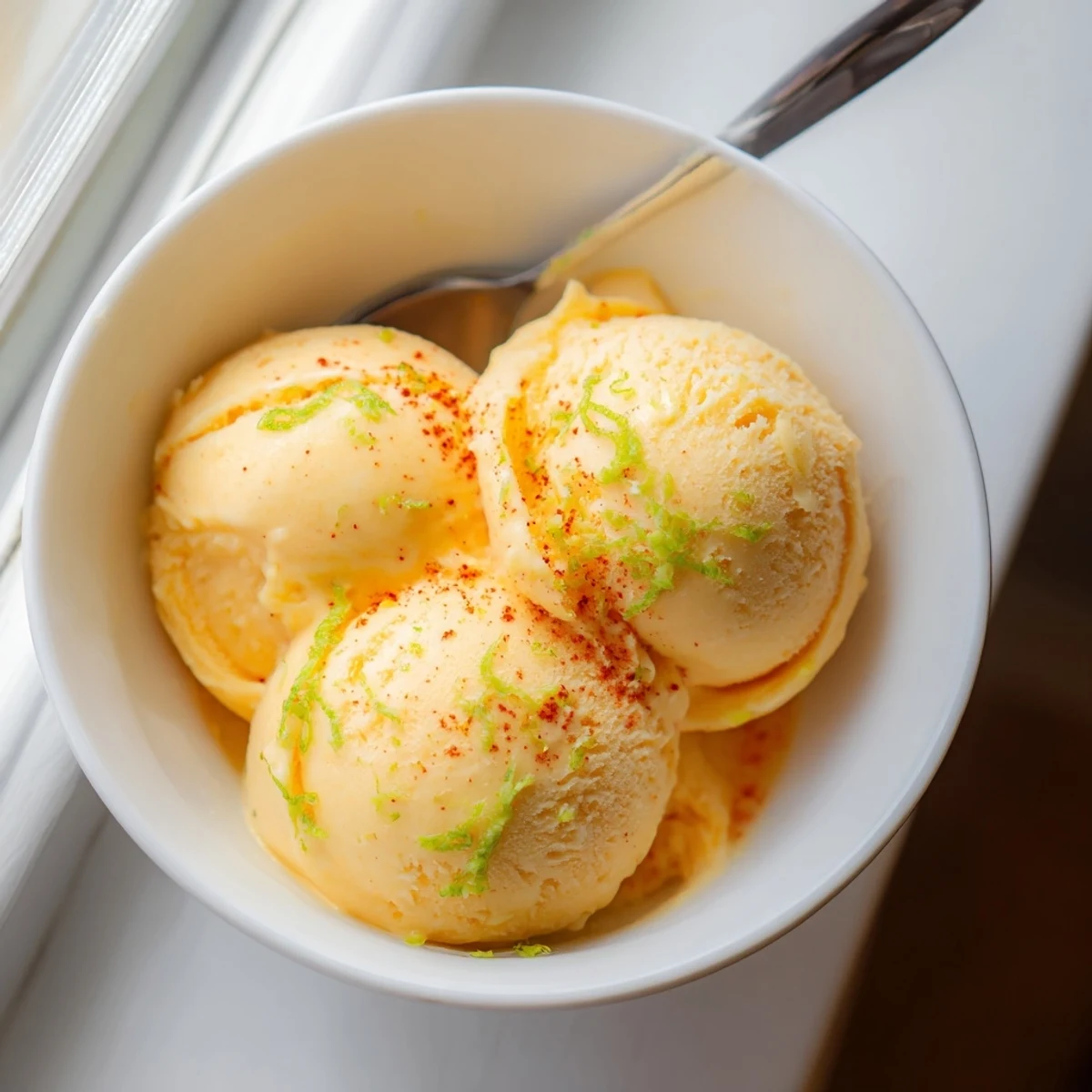 Smooth creamy chili lime mango sorbet served in coconut shells with tropical garnish