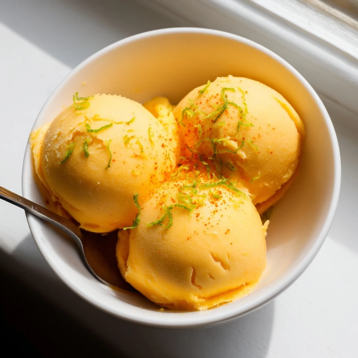 Velvety creamy chili lime mango sorbet topped with a dusting of spicy chili powder
