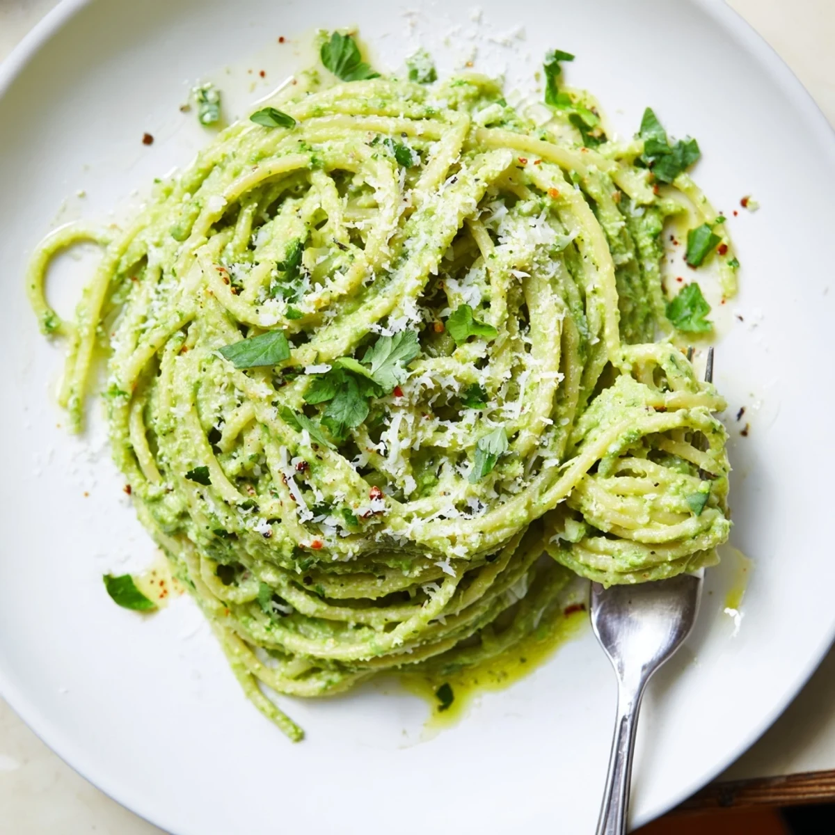 Vibrant green goddess pasta sauce served in a bowl with Parmesan garnish