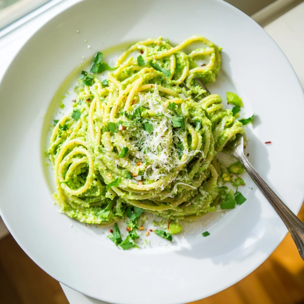 Smooth herbaceous green goddess pasta sauce coating twirled spaghetti with olive oil drizzle