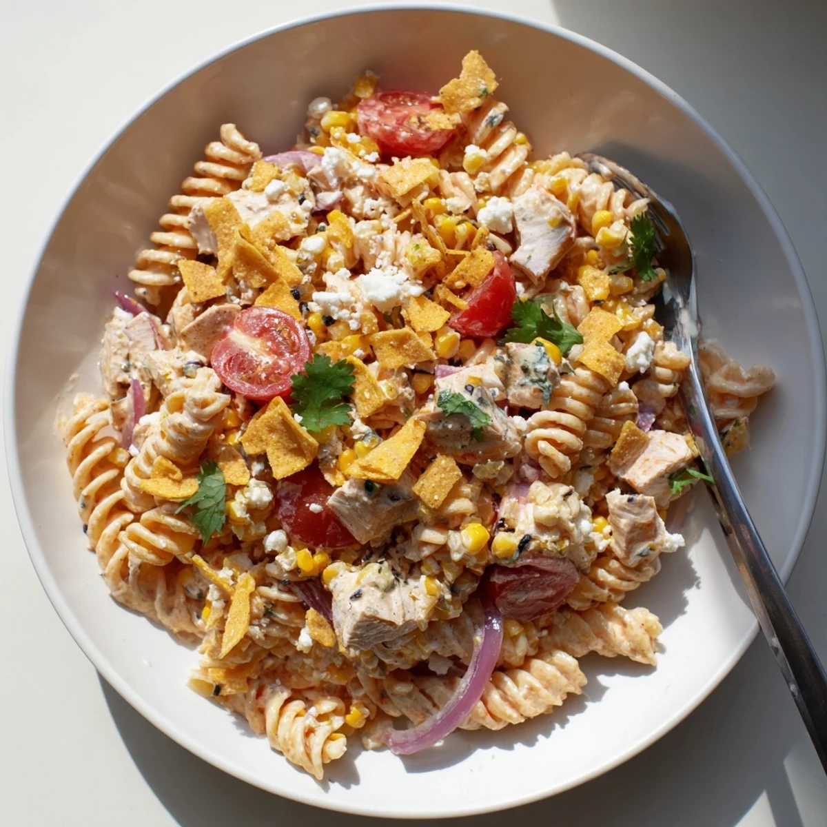 Vibrant elote style chicken pasta salad in a smoky lime dressing with charred corn and fresh cilantro