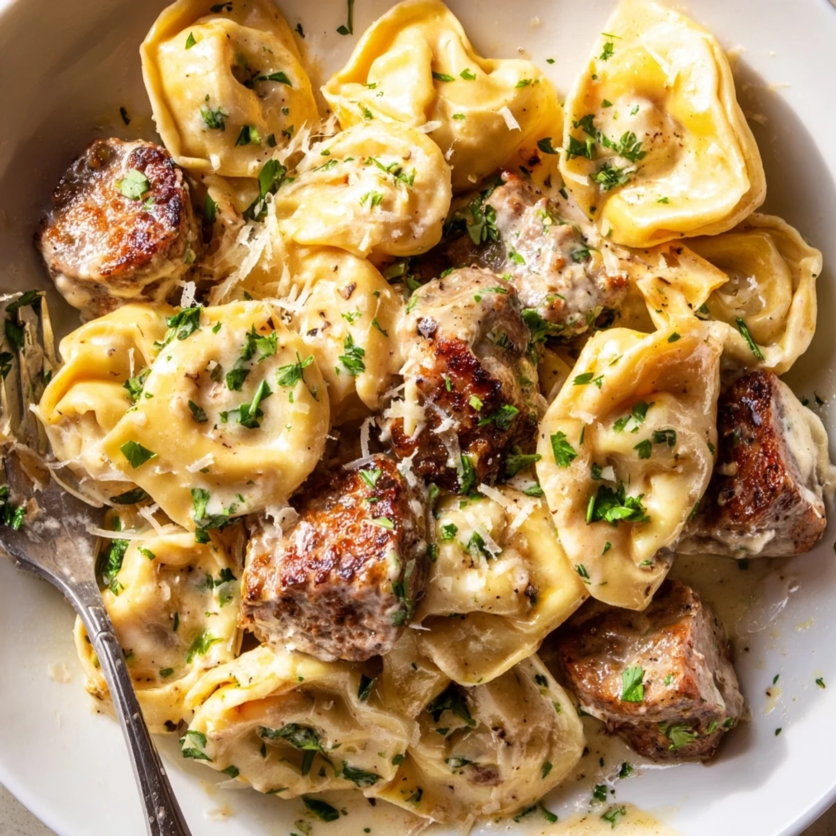 Sizzling steak bites and golden cheese tortellini coated in a rich Parmesan cream sauce