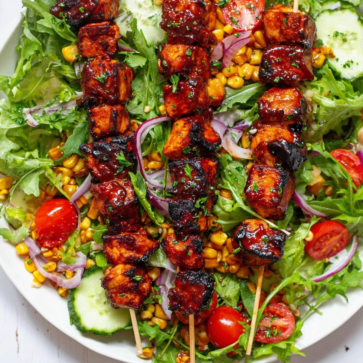 Juicy BBQ chicken skewer salad with charred edges resting on crisp mixed greens and colorful vegetables