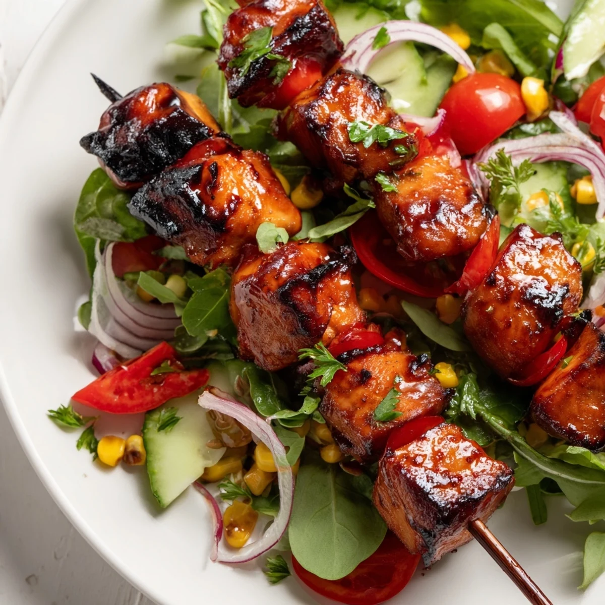 Smoky BBQ chicken skewer salad plated atop fresh arugula with tangy apple cider vinegar dressing drizzled throughout