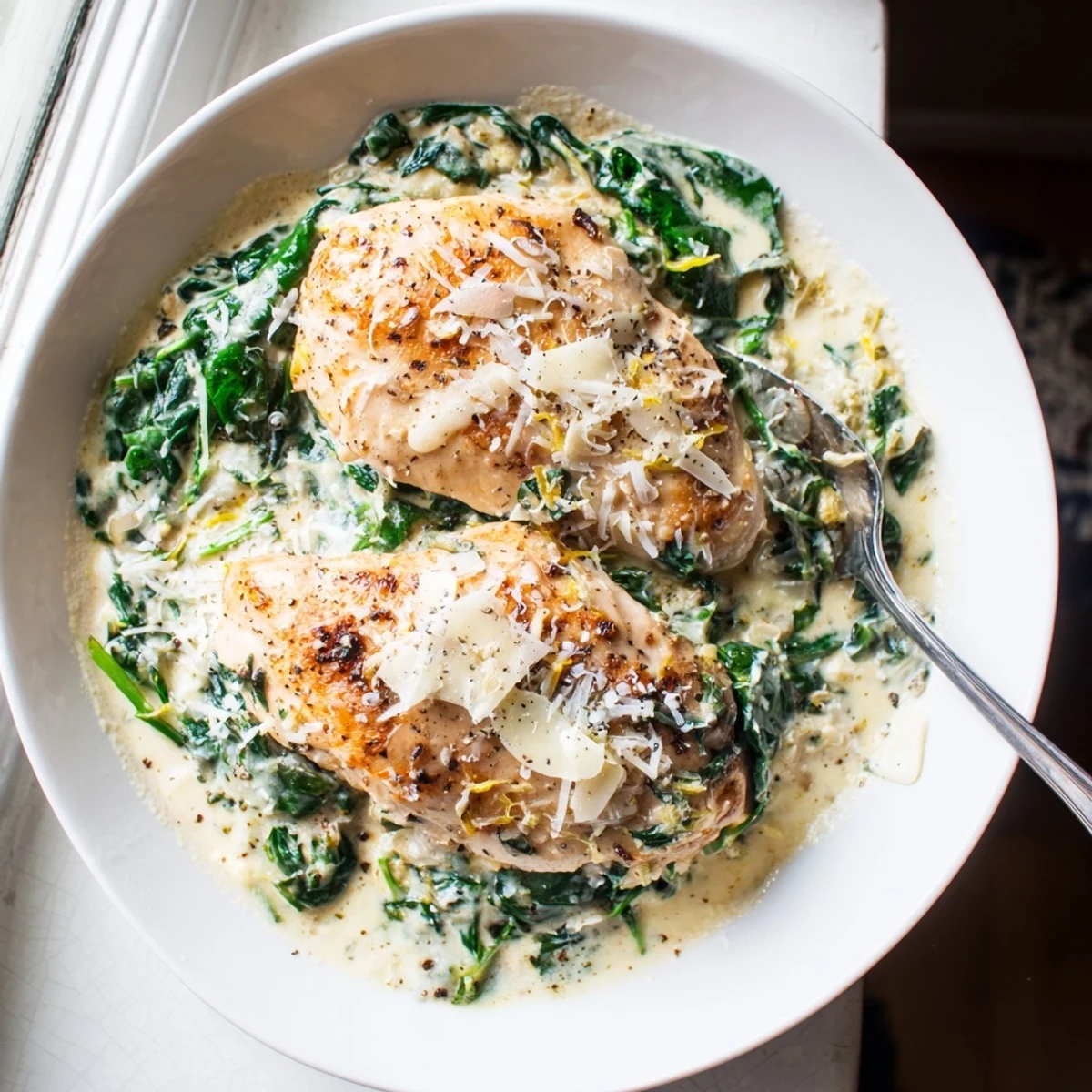 Golden seared Lemon Parmesan Spinach Chicken nestled in a creamy garlic sauce with wilted greens