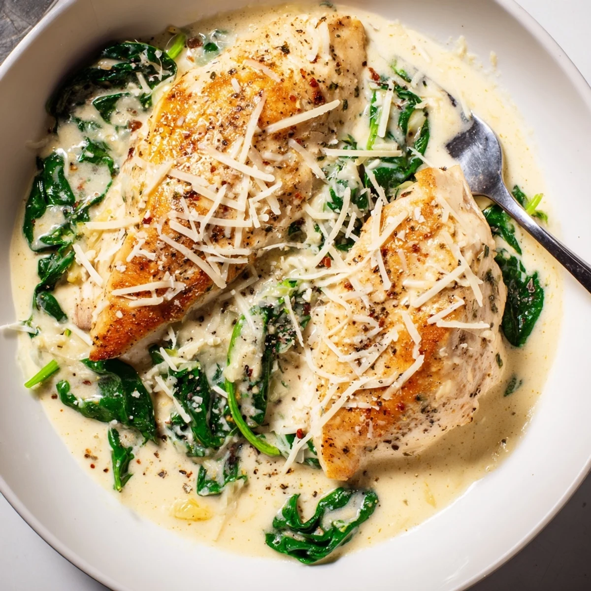 Juicy Lemon Parmesan Spinach Chicken topped with melted Parmesan and bright citrus zest garnish