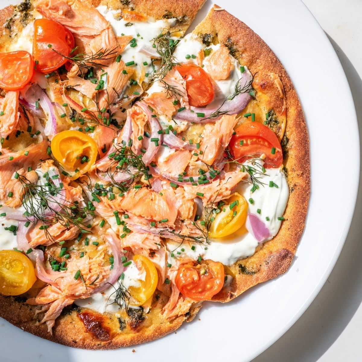 Crispy salmon tortilla pizza with melted mozzarella, capers, and fresh dill topping