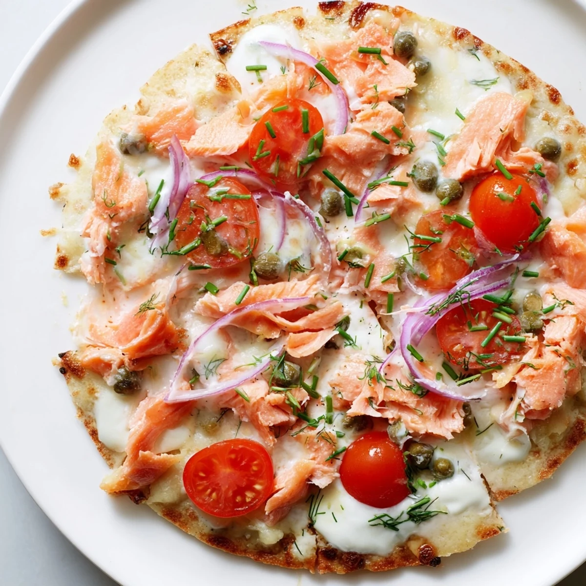 Golden leftover salmon tortilla pizza fresh from the oven with bubbling cheese