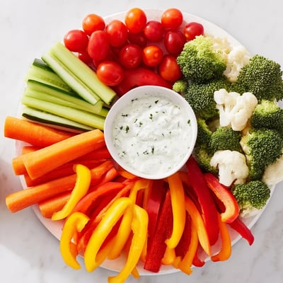 A colorful veggie tray with ranch dip, featuring crunchy broccoli florets, cucumber slices, and bell pepper strips.