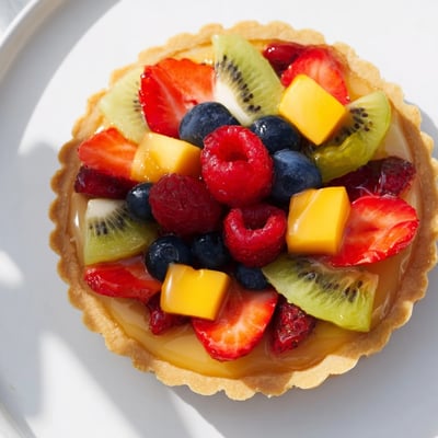 The finished Fruit Tart with Vanilla Custard presents a crisp pastry base, creamy vanilla filling, and jewel-like strawberries, blueberries, and kiwi arranged in an elegant pattern.