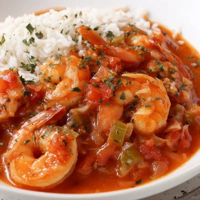 Spicy Shrimp Creole with White Rice, served with a garnish of fresh green onions and parsley, ready to enjoy.