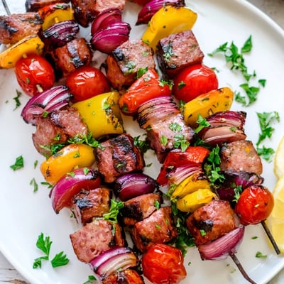 Beef Sausage Peppers Skewers