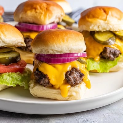 Freshly cooked Beef Sliders with Cheddar Cheese arranged on a platter, showcasing juicy patties and soft buns for a party spread.