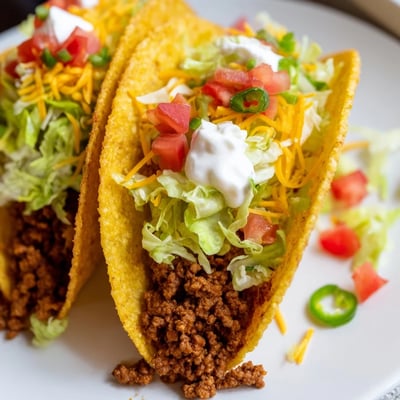 A close-up of crunchy beef tacos topped with melted cheese, sour cream, and fresh jalapeños, perfect for a weeknight dinner.