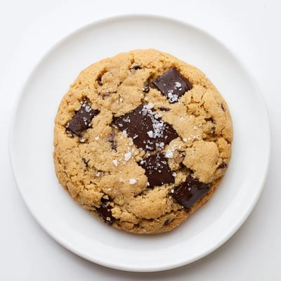 Warm chocolate chip cookies with sea salt on a rustic table, perfect for an afternoon treat. 