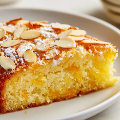 A freshly baked Lemon Ricotta Cake with Almonds cut into slices, revealing a moist interior and served alongside bright blueberries.