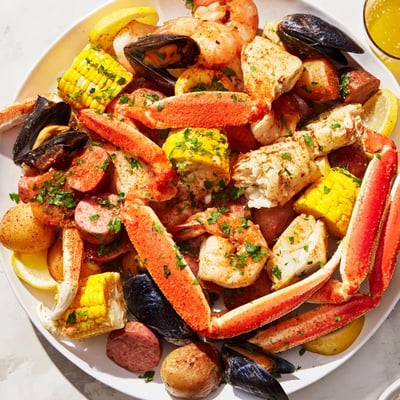Cajun Seafood Boil with corn and crab legs served with melted butter, lemon wedges, and parsley.