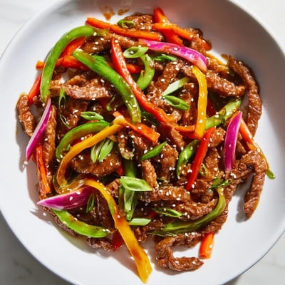 Garnished spicy beef stir fry with vegetables is served in a black bowl alongside fluffy white rice and chopsticks.
