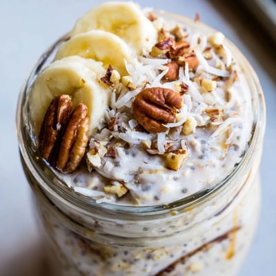 Thick coconut cream pie overnight oats swirled with shredded coconut and drizzled maple syrup