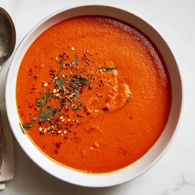 Steaming bowl of high protein tomato soup served with crusty whole grain toast