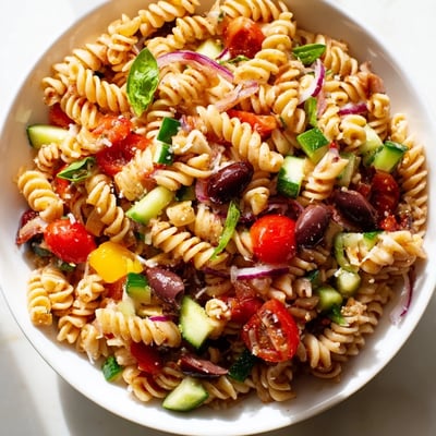 Creamy mozzarella and vibrant bell peppers crown this chilled vegetarian Italian pasta salad beautifully