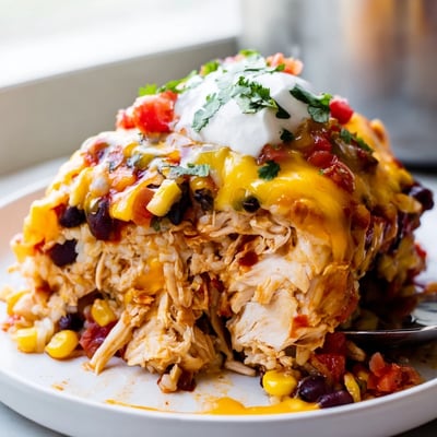 Creamy chicken burrito casserole with black beans, rice, and gooey Monterey Jack cheese