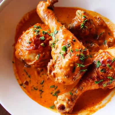 Juicy paprika chicken drumsticks nestled in a smoky cream sauce with parsley garnish